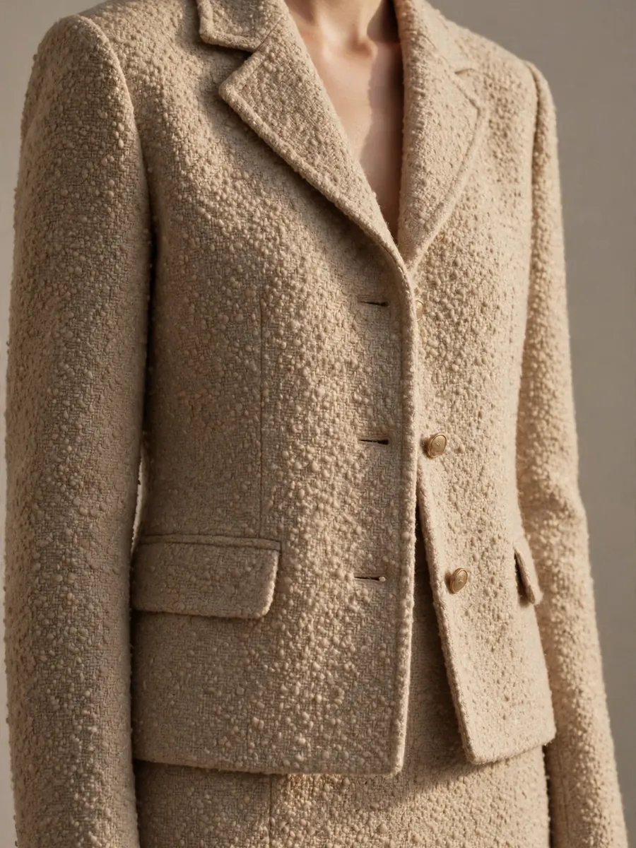 Woman in a tailored beige bouclé suit